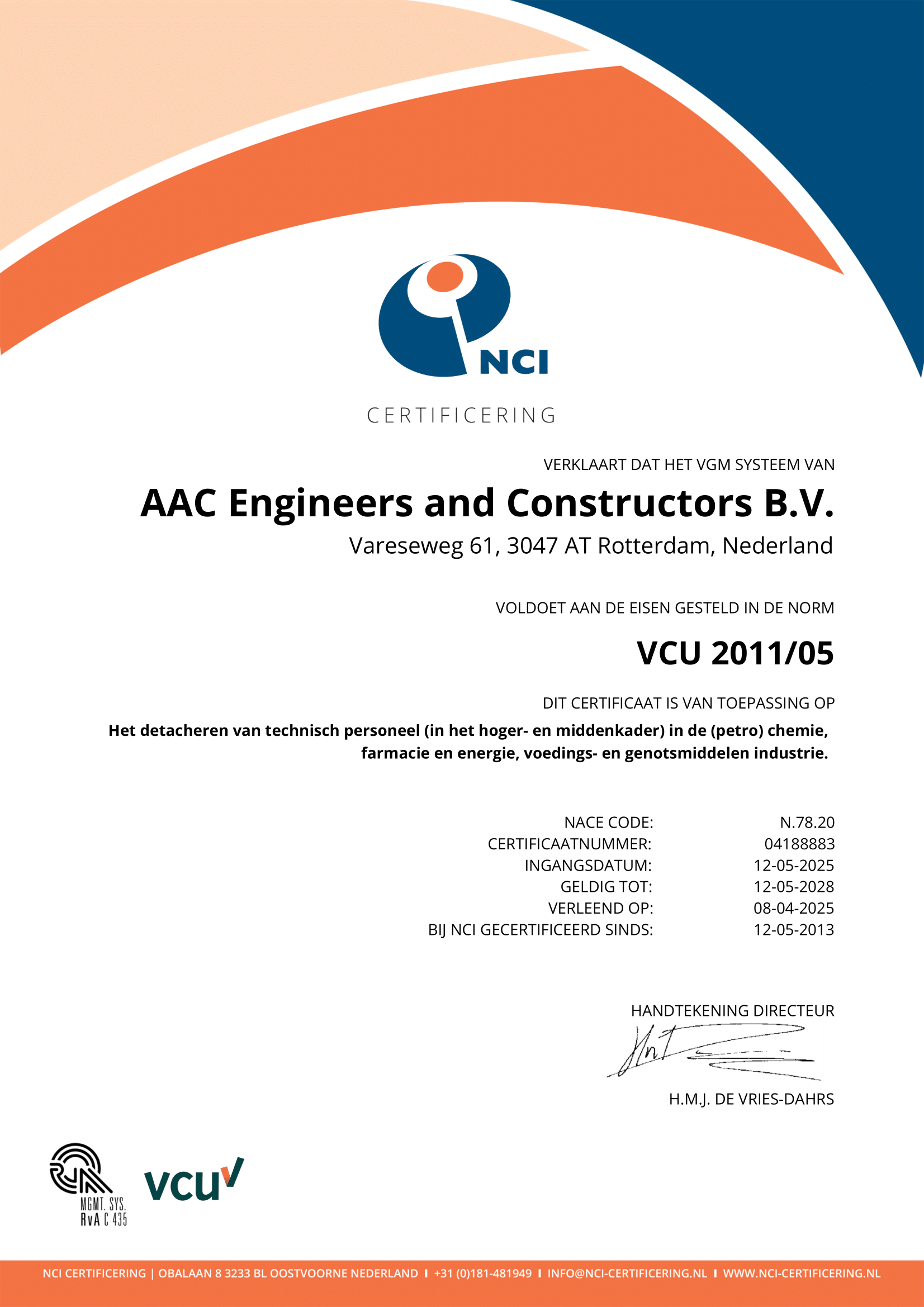 VCU Certificaat geldig tot 12-05-2028 - AAC Engineers and Constructors B.V.